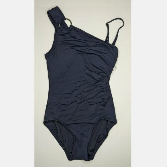 Michael Kors Iconic Solids One-Shoulder One-Piece Swimsuit, Navy, Women's 4 - Picture 1 of 3